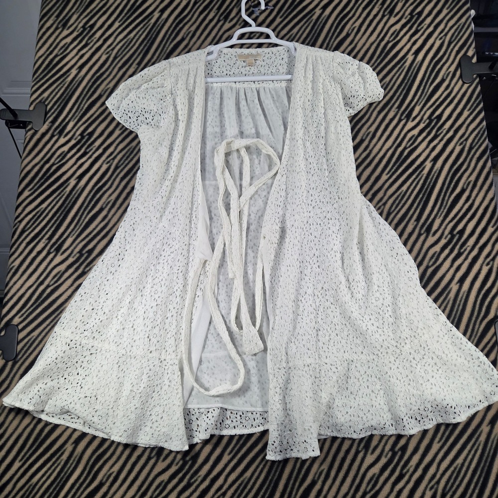 Michael Michael Kors White Floral Lace Cardigan Tunic Short Sleeve Belted XL